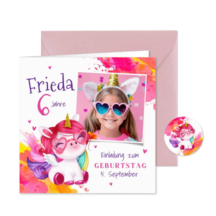 Kindergeburtstag Einladung Foto & buntes Einhorn mit Brille - Karteneindruck
