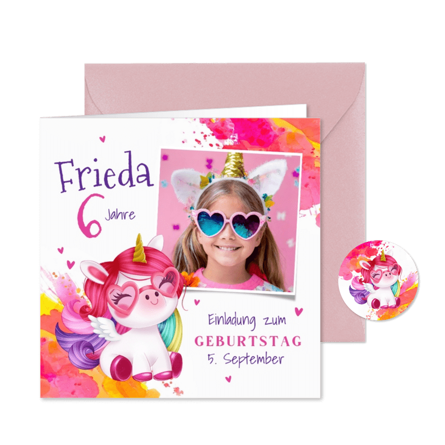 Kindergeburtstag Einladung Foto & buntes Einhorn mit Brille - Karteneindruck

