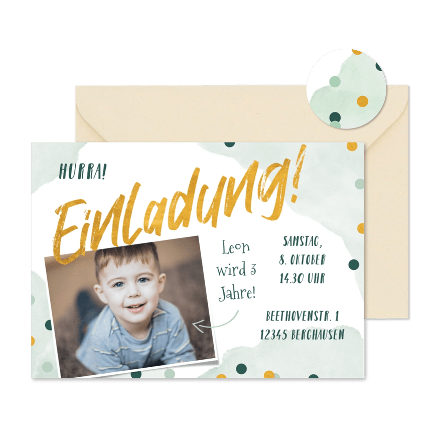 Kindergeburtstag Einladung Foto & Konfetti grün - Karteneindruck
