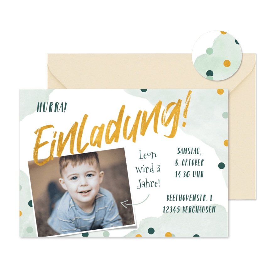 Kindergeburtstag Einladung Foto & Konfetti grün - Karteneindruck