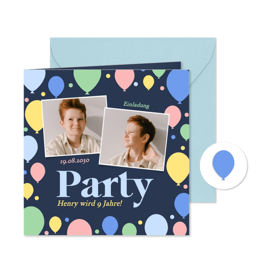 Kindergeburtstag Einladung Fotocollage bunte Luftballons - Karteneindruck
