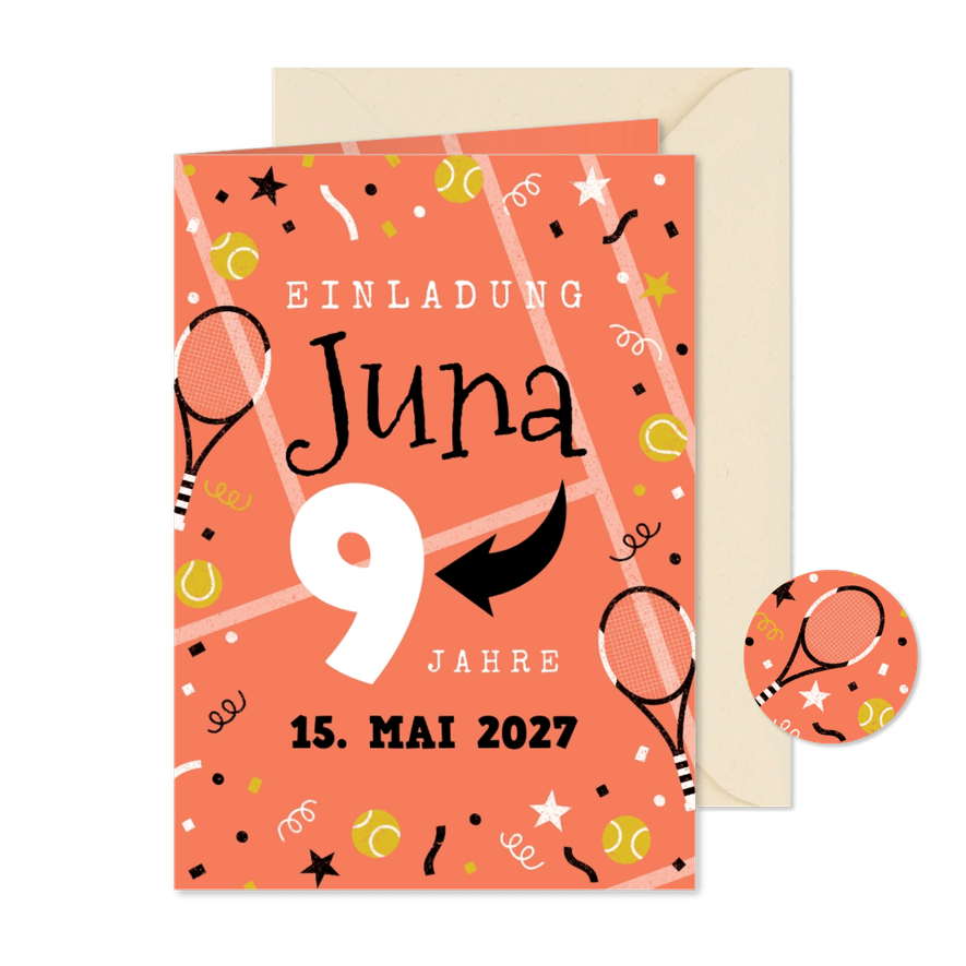 Kindergeburtstag Einladung Tennis spielen 9 Jahre - Karteneindruck
