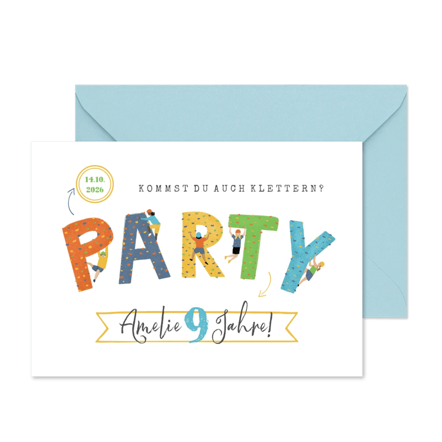 Kindergeburtstag-Einladung zum Klettern 9 Jahre - Karteneindruck
