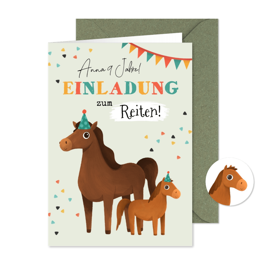 Kindergeburtstag-Einladung zum Reiten lustige Pferde 9 Jahre - Karteneindruck