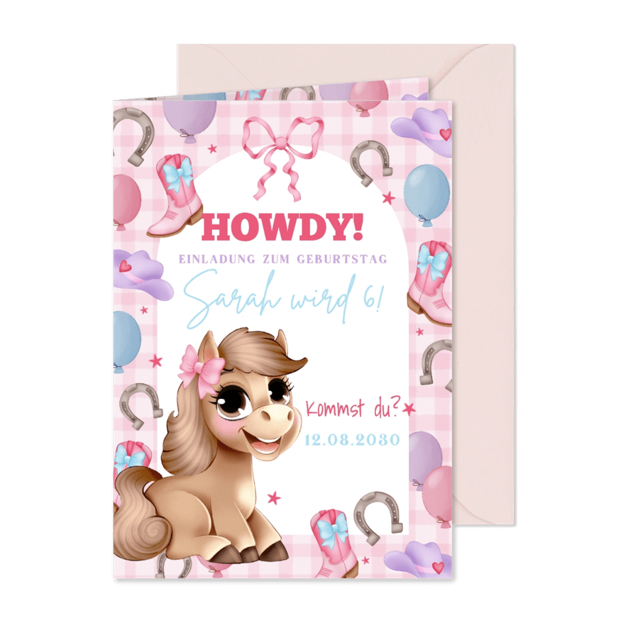 Kindergeburtstag Einladungskarte mit Pony 'Howdy' - Kartenvorschau