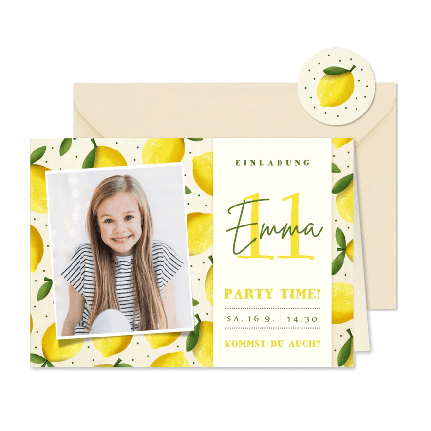 Kindergeburtstag Foto-Einladung 11. Geburtstag Zitronen - Karteneindruck