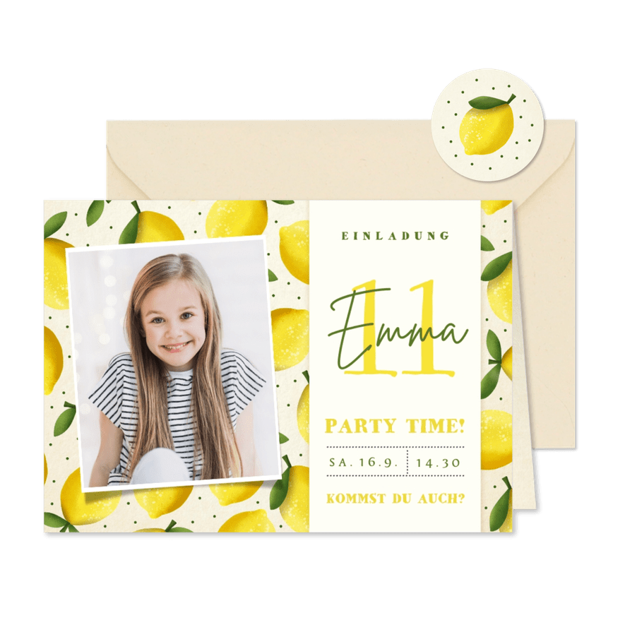 Kindergeburtstag Foto-Einladung 11. Geburtstag Zitronen - Karteneindruck
