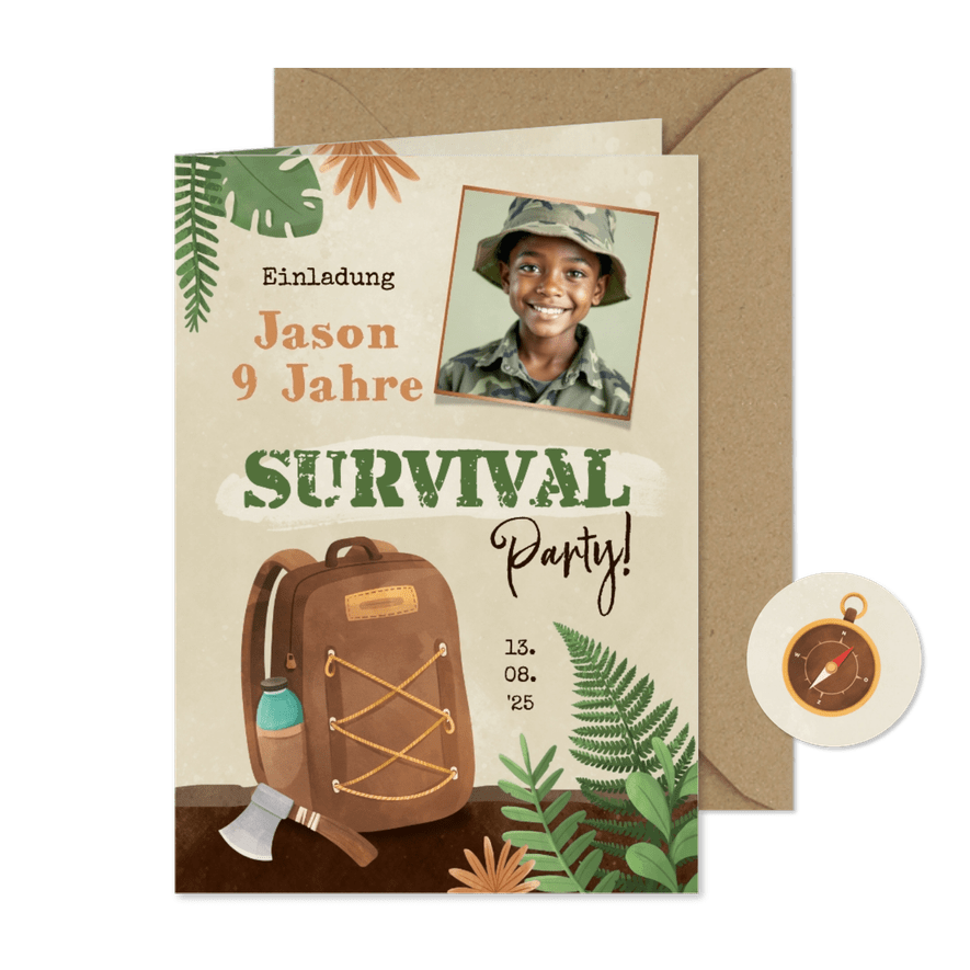 Kindergeburtstag Survival Outdoor Einladung mit Foto - Karteneindruck
