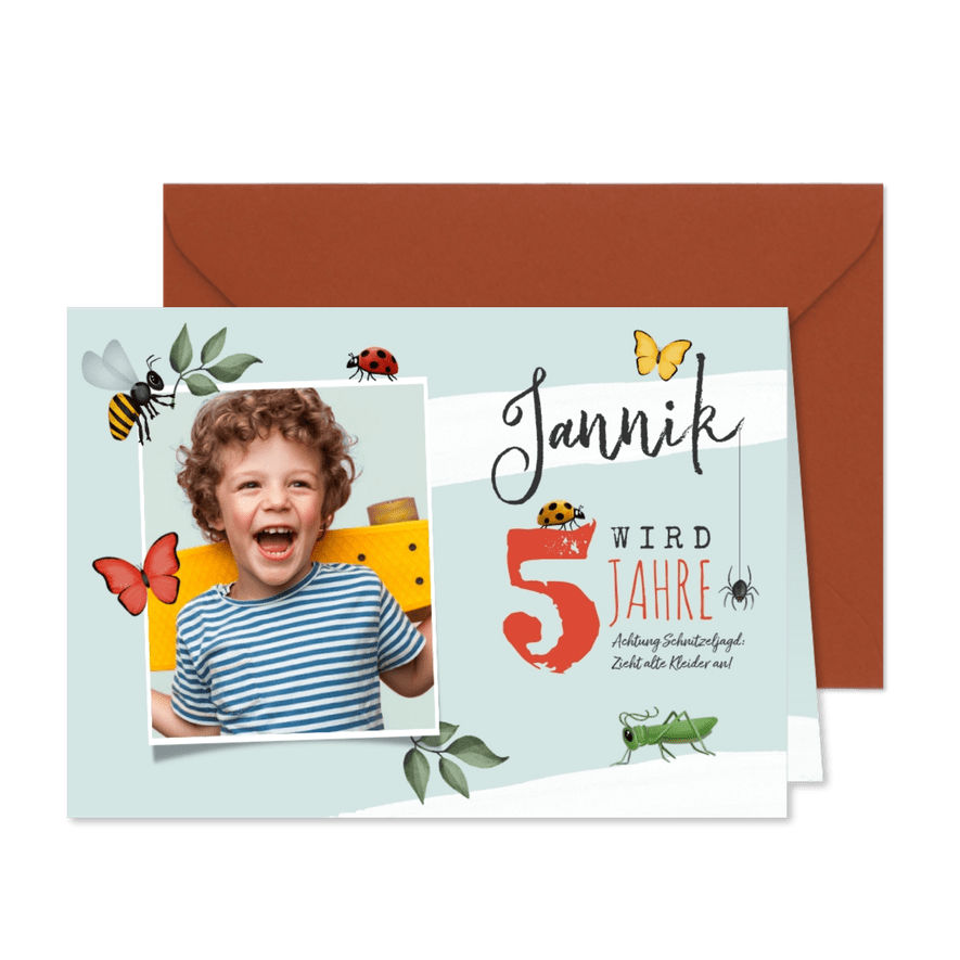 Kindergeburtstags-Einladung Foto & Insekten 5 Jahre - Karteneindruck