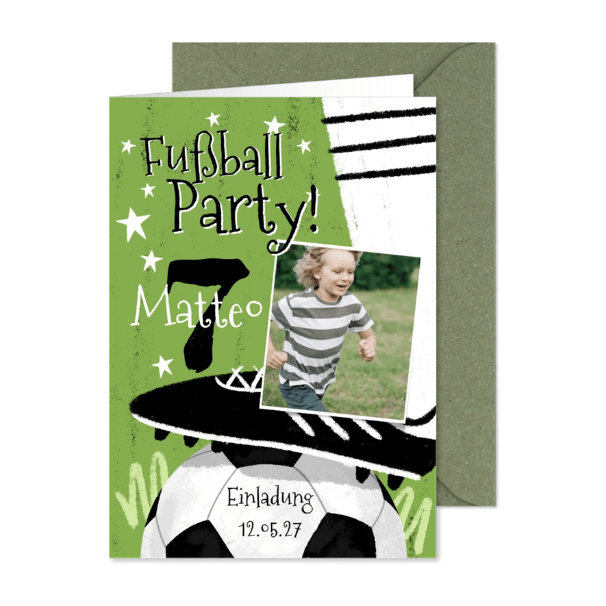 Kindergeburtstags-Einladung zur Fußballparty 7 Jahre - Karteneindruck