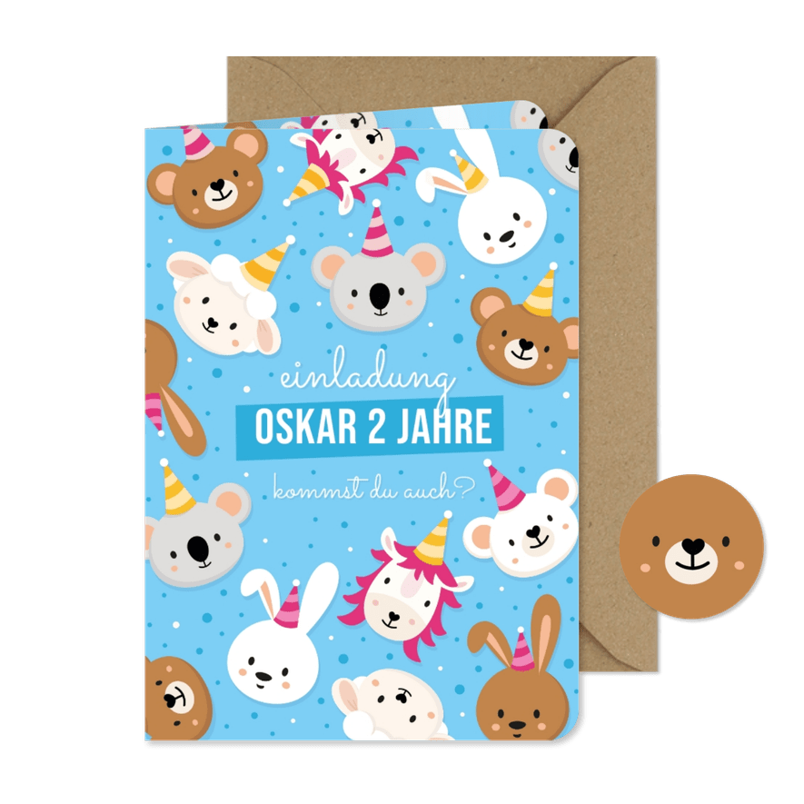 Kindergeburtstagseinladung 2 Jahre blau lustige Tiere - Karteneindruck
