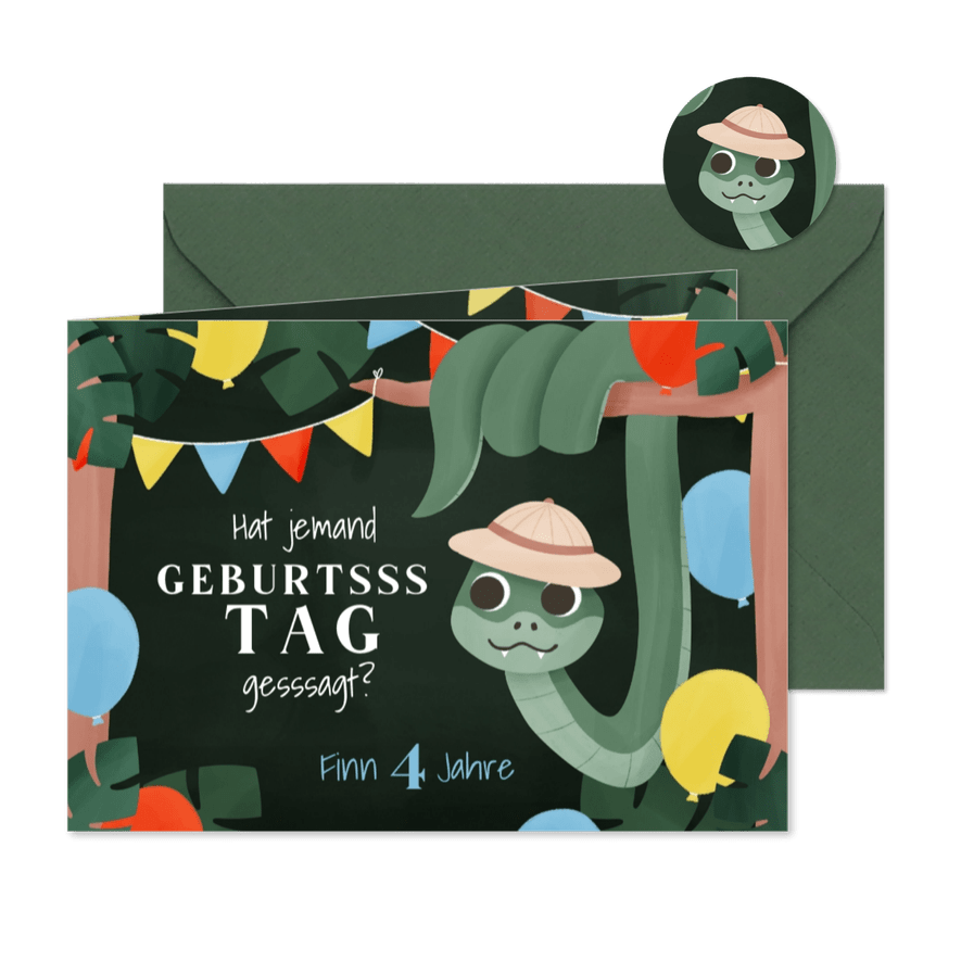 Kindergeburtstagseinladung 4 Jahre Schlange im Dschungel - Karteneindruck