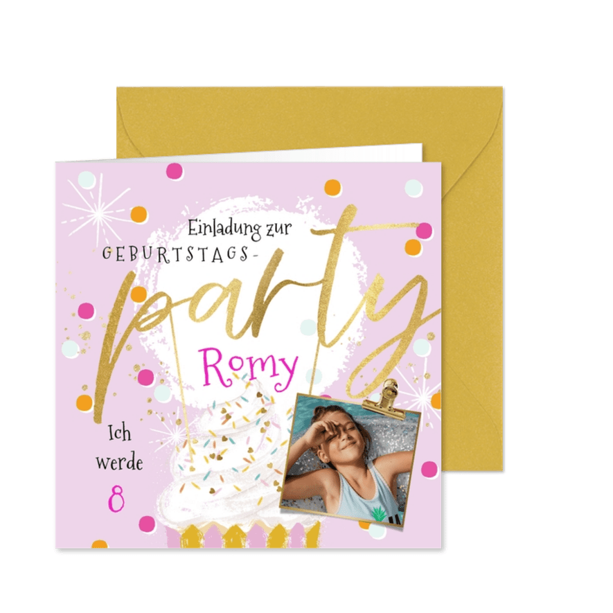 Kindergeburtstagseinladung 8 Jahre Party fröhliche Konfetti - Karteneindruck