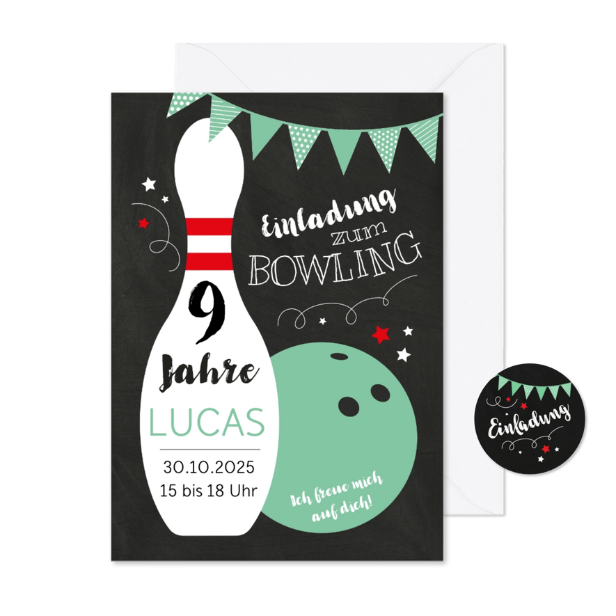 Kindergeburtstagseinladung Bowling grün 9 Jahre - Karteneindruck