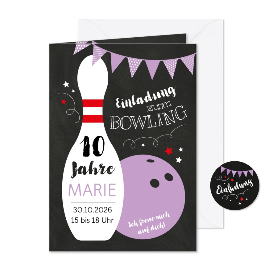  Kindergeburtstagseinladung Bowling lila 10 Jahre - Karteneindruck
