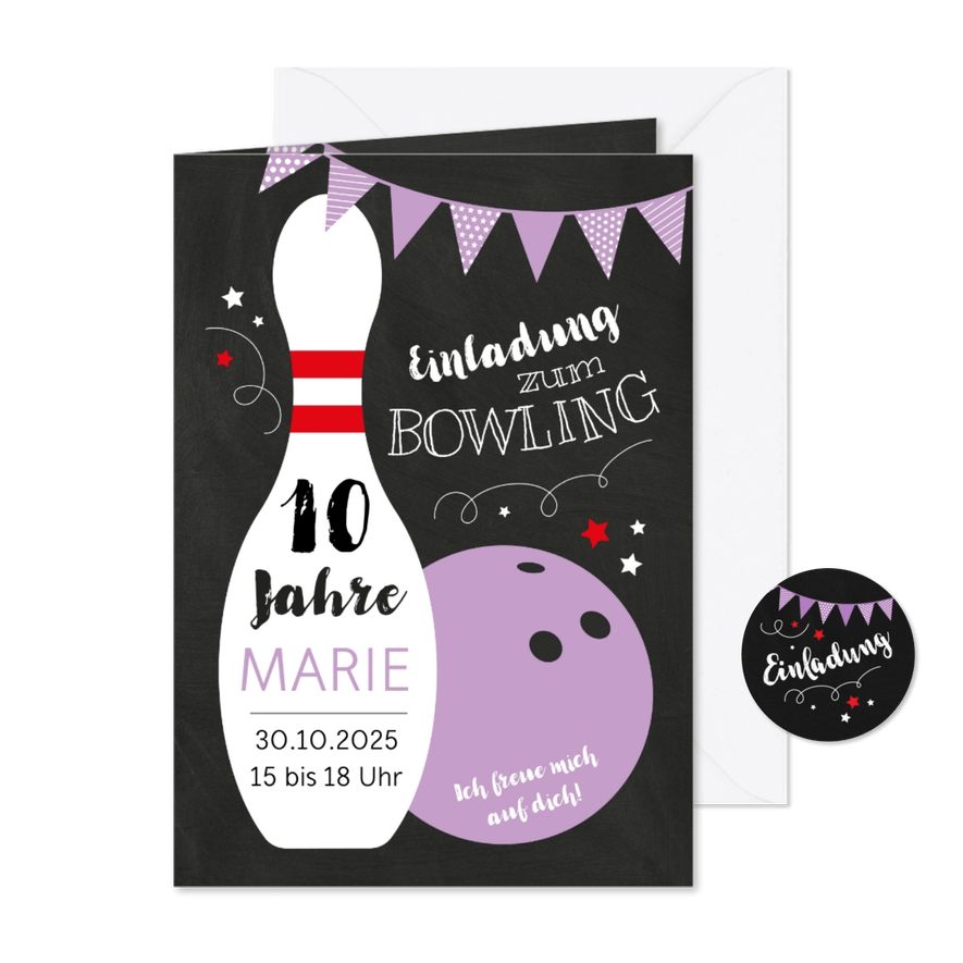  Kindergeburtstagseinladung Bowling lila 10 Jahre - Karteneindruck
