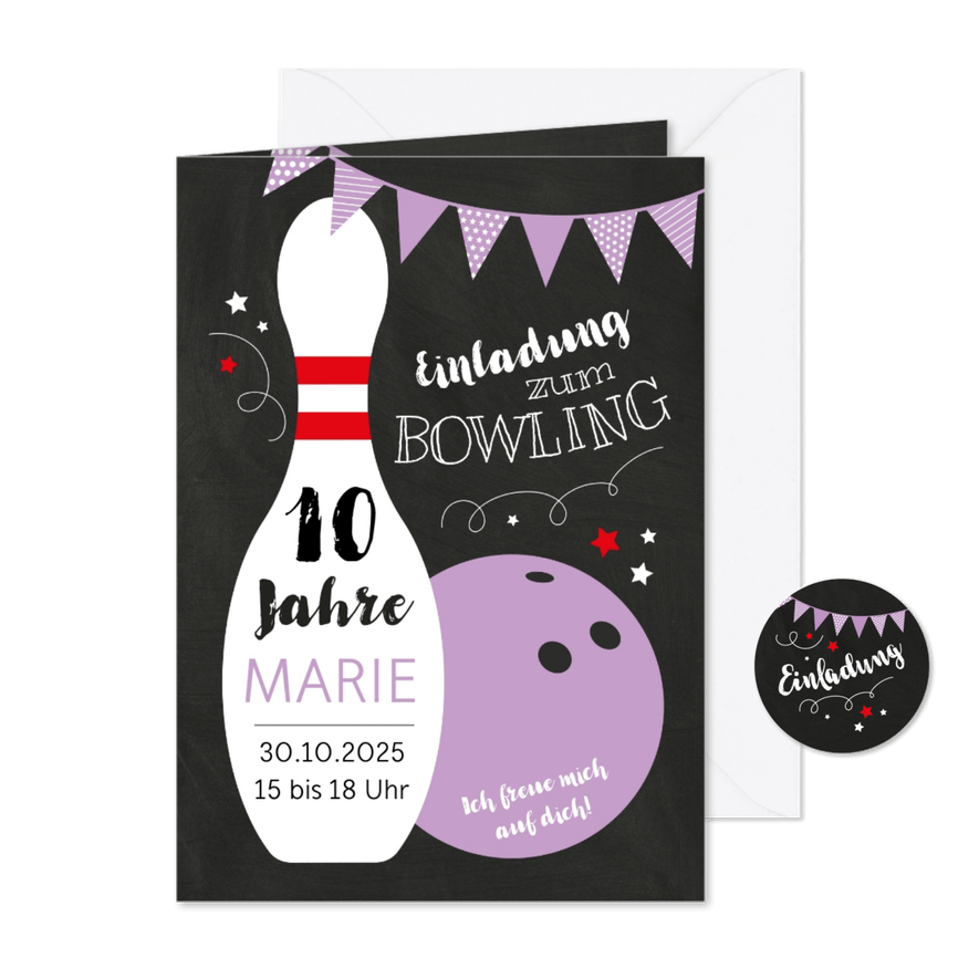 Kindergeburtstagseinladung Bowling lila 10 Jahre - Karteneindruck