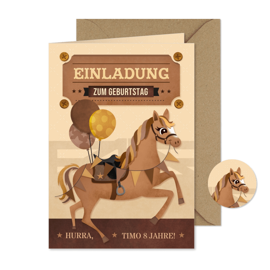 Kindergeburtstagseinladung braunes Pferd mit Luftballons - Karteneindruck
