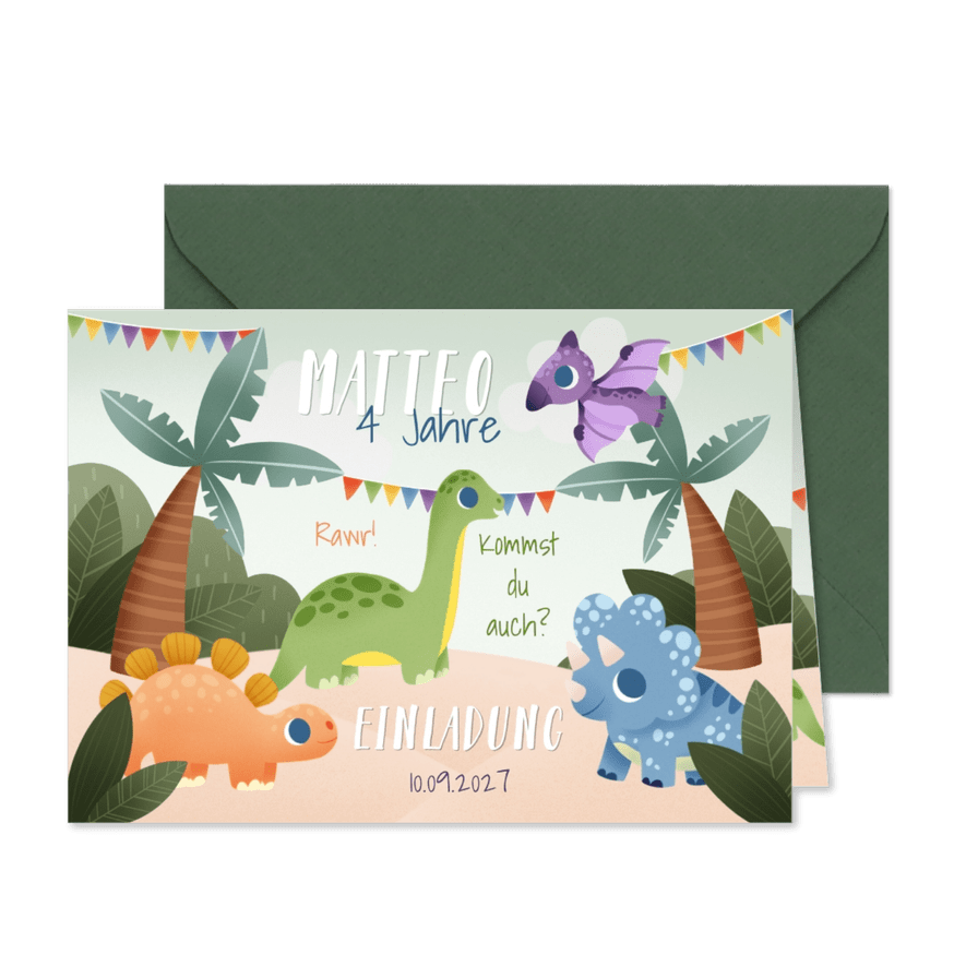 Kindergeburtstagseinladung bunte Dinos 4 Jahre - Karteneindruck