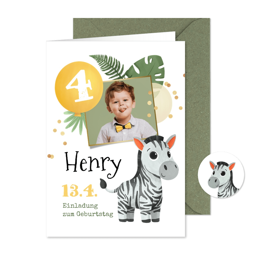Kindergeburtstagseinladung Foto & Zebra 4. Geburtstag - Karteneindruck