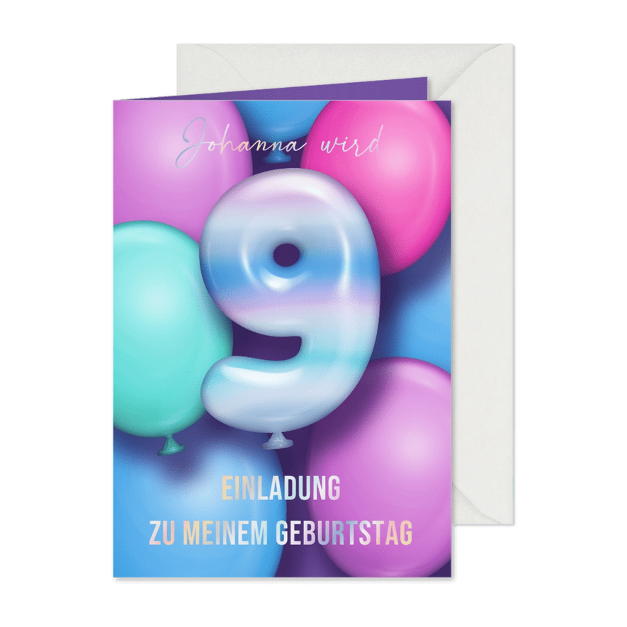 Kindergeburtstagseinladung Luftballon 9. Geburtstag - Karteneindruck