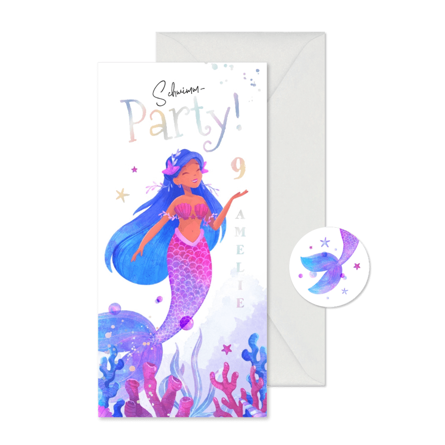 Kindergeburtstagseinladung mit Meerjungrfau 9 Jahre - Karteneindruck
