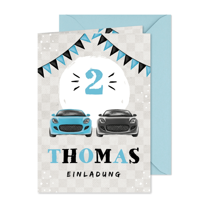 Kindergeburtstagseinladung mit zwei Autos und Girlande  - Karteneindruck
