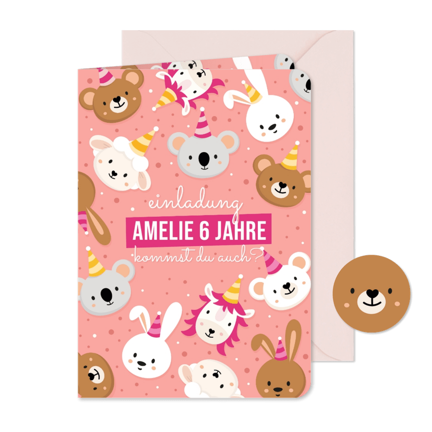 Kindergeburtstagseinladung pink lustige Tiere 6 Jahre - Karteneindruck