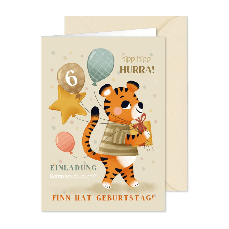 Kindergeburtstagseinladung Tiger mit Luftballons 6 Jahre - Karteneindruck
