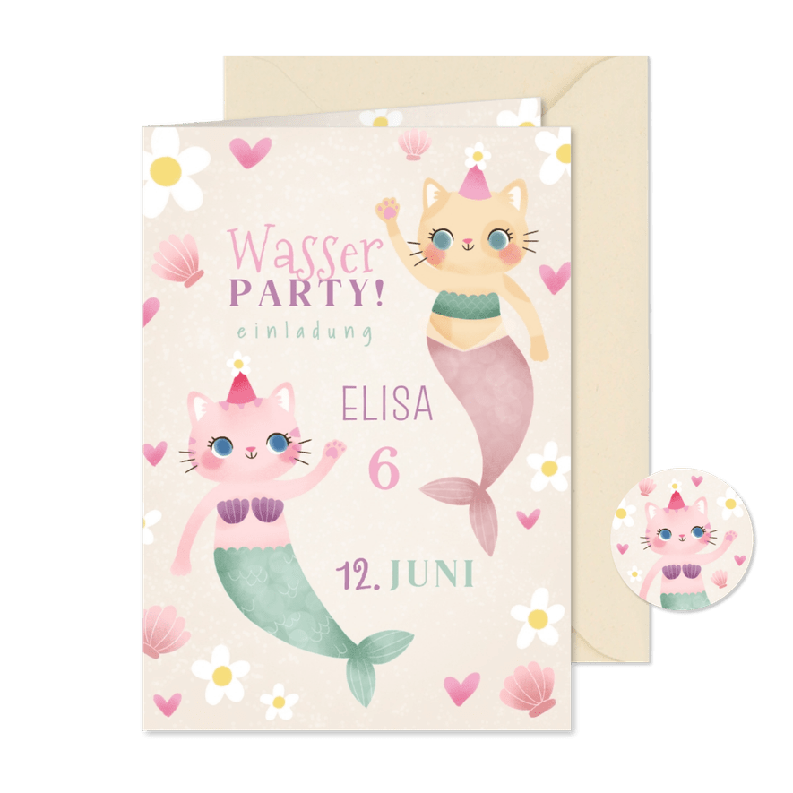 Kindergeburtstagskarte 6. Geburtstag Meerjungfrau-Katzen  - Karteneindruck

