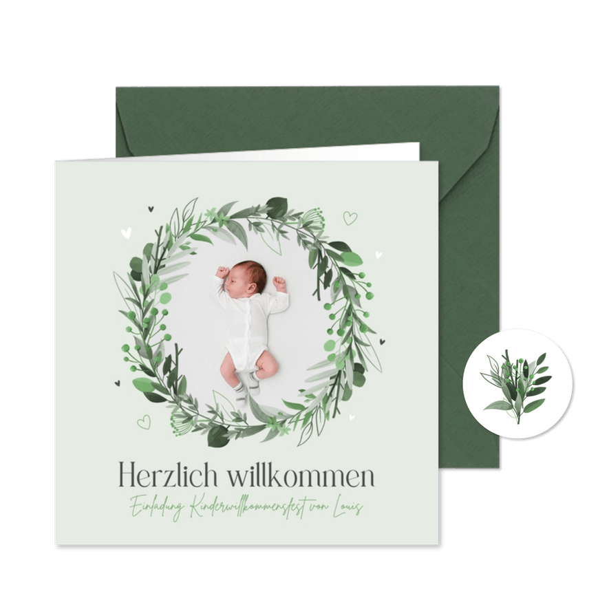 Kinderwillkommensfest Einladung Kranz mit Foto - Karteneindruck