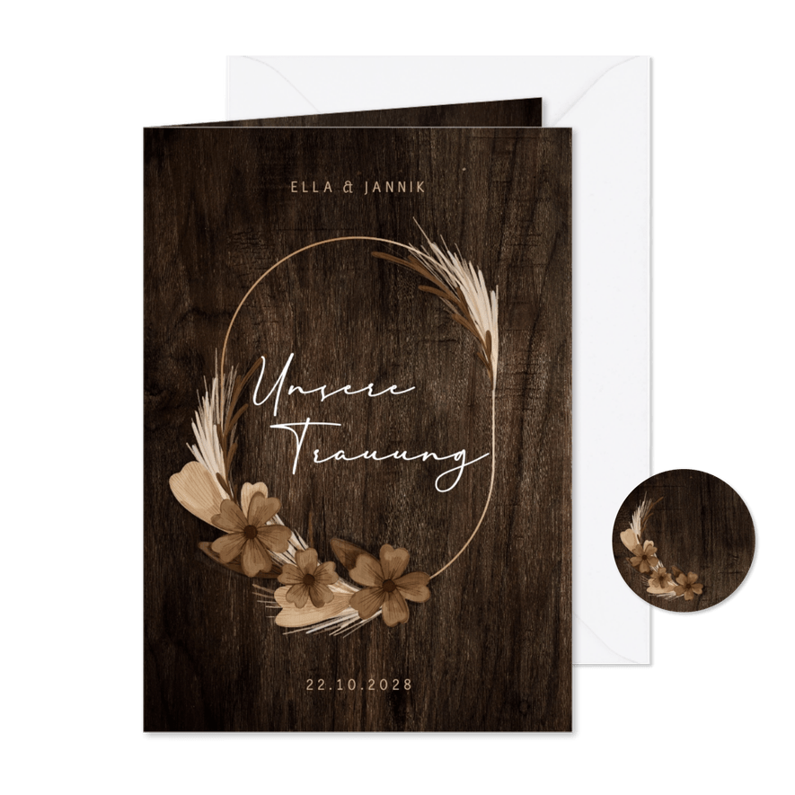 Kirchenheft Holzlook mit Trockenblumen - Karteneindruck
