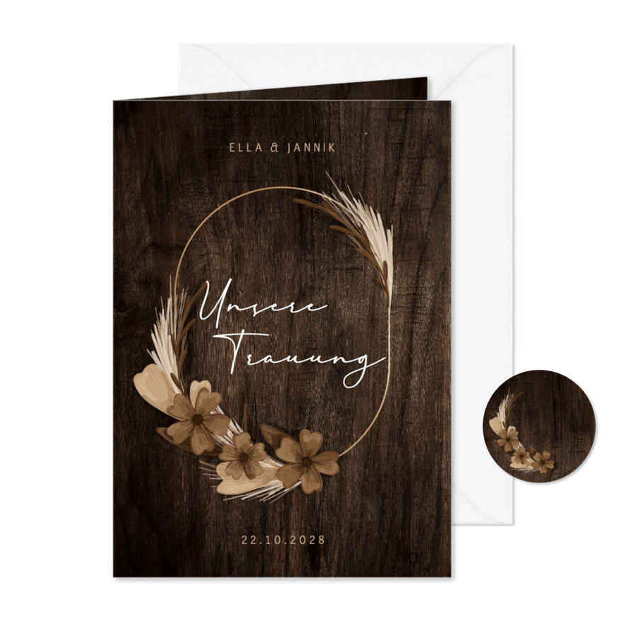 Kirchenheft Holzlook mit Trockenblumen - Karteneindruck
