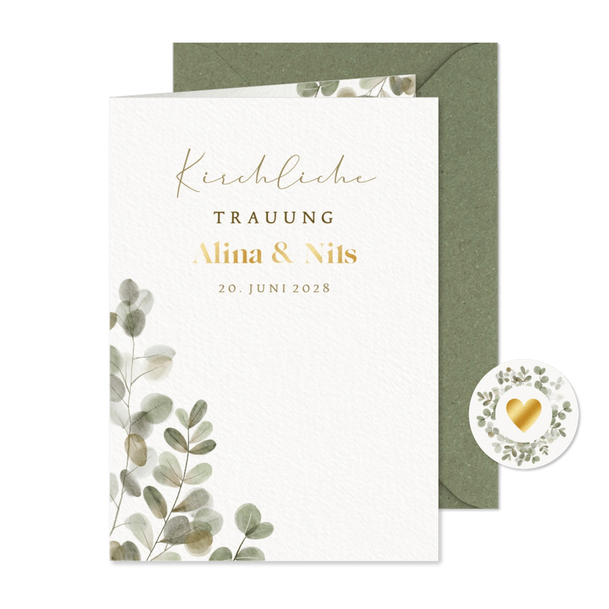 Kirchenheft mit Eukalyptuszweigen - Karteneindruck
