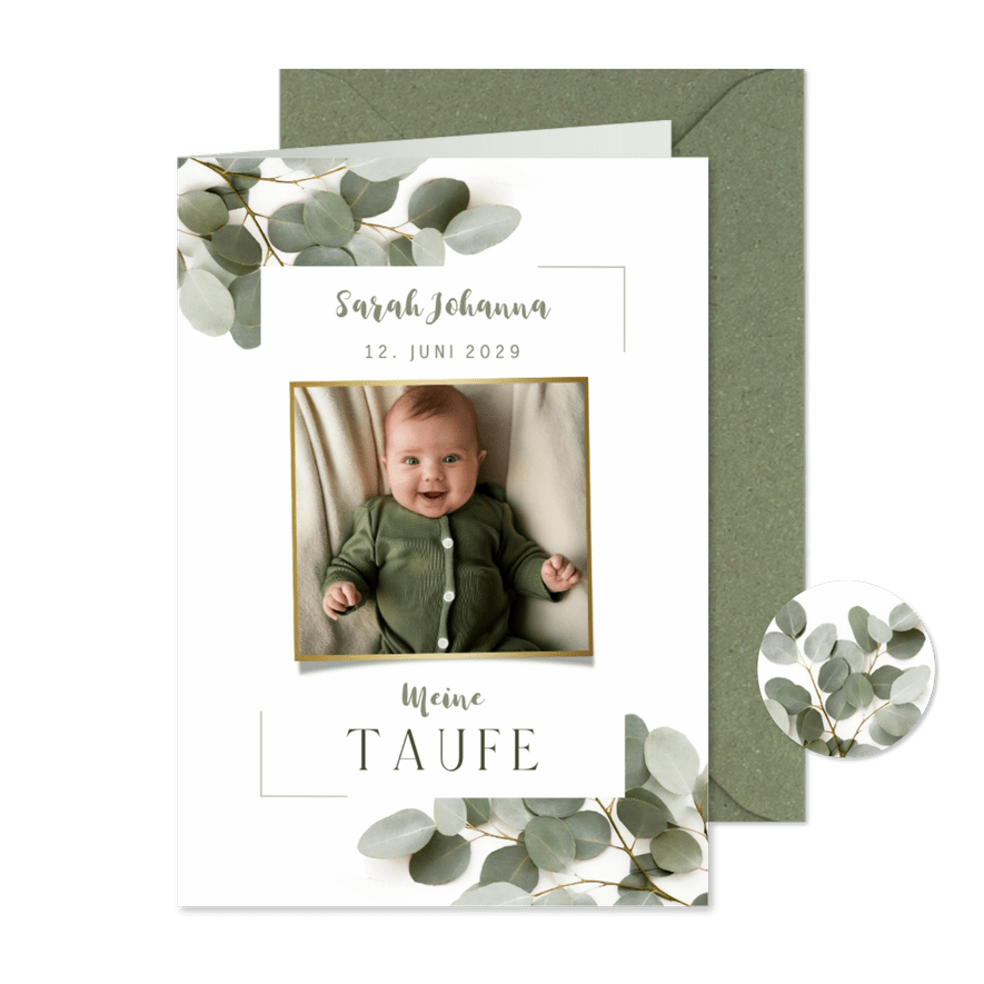 Kirchenheft Taufe Eukalyptus mit Foto und Rahmen - Karteneindruck