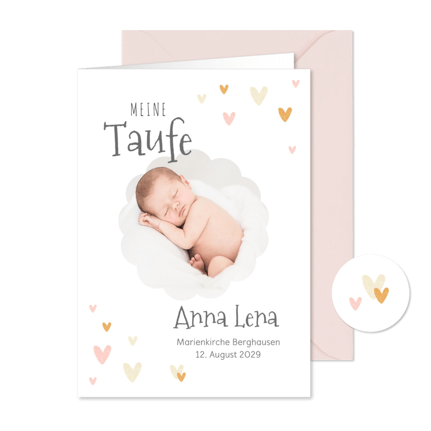 Kirchenheft Taufe Foto und kleine Herzen - Karteneindruck
