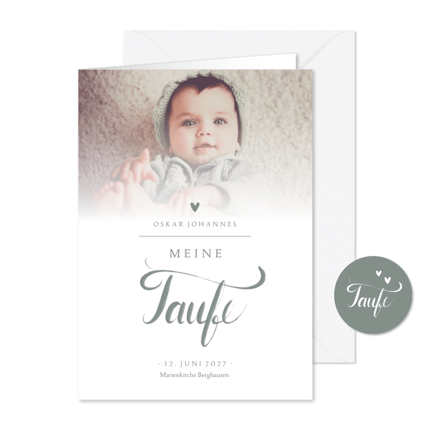 Kirchenheft Taufe Foto & Schreibschrift graugrün - Karteneindruck