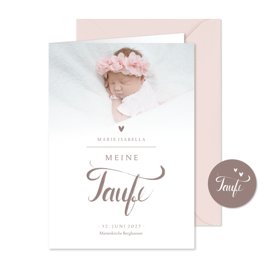 Kirchenheft Taufe Foto & Schreibschrift rosé - Karteneindruck
