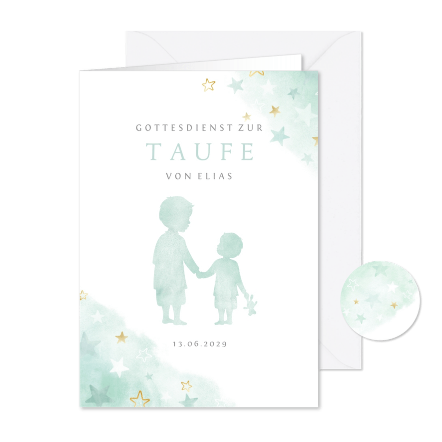 Kirchenheft Taufe mint-grün großer und kleiner Bruder - Karteneindruck