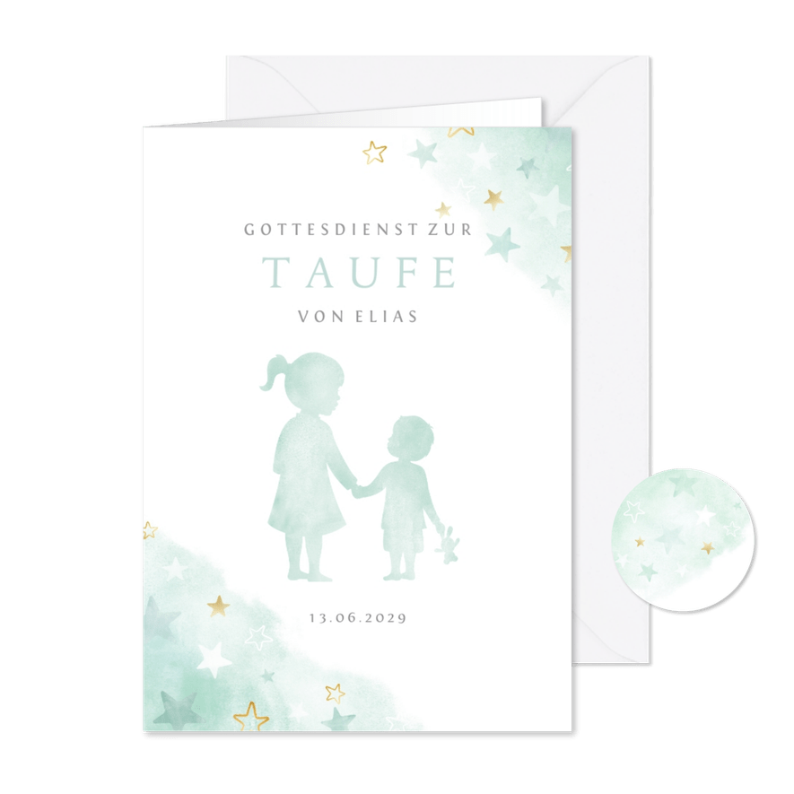 Kirchenheft Taufe mintgrün große Schwester & kleiner Bruder - Karteneindruck
