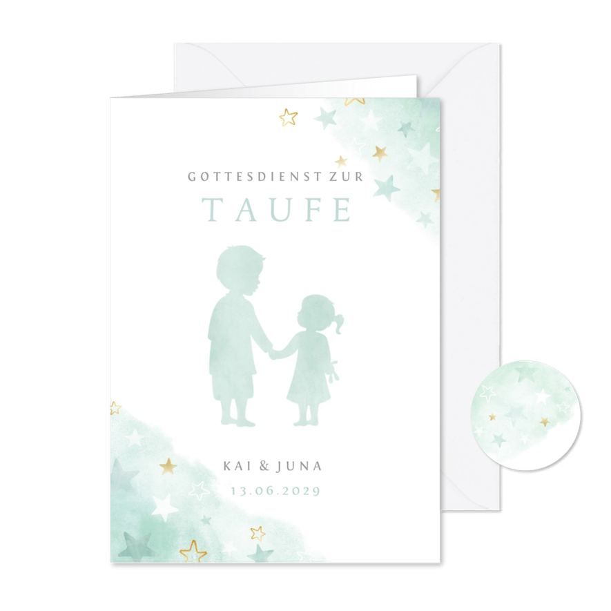 Kirchenheft Taufe mintgrün großer Bruder & kleine Schwester - Karteneindruck