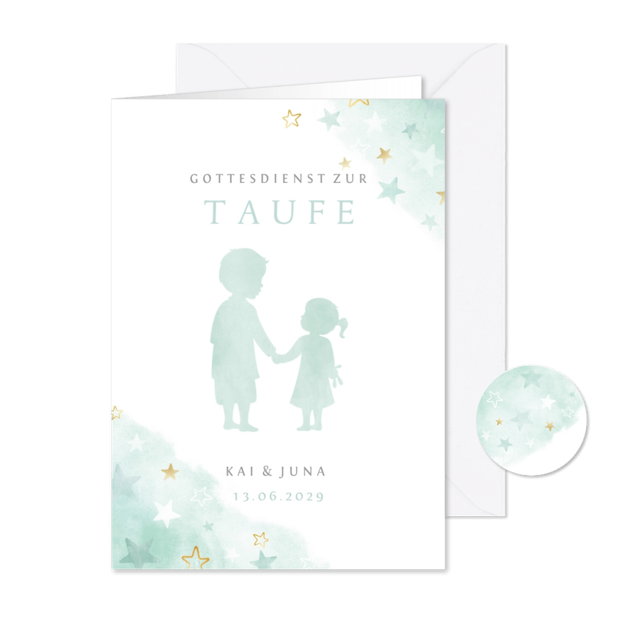 Kirchenheft Taufe mintgrün großer Bruder & kleine Schwester - Karteneindruck