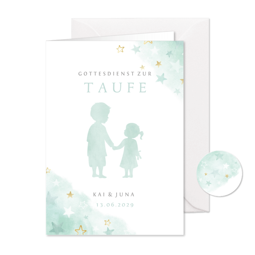 Kirchenheft Taufe mintgrün großer Bruder & kleine Schwester - Karteneindruck