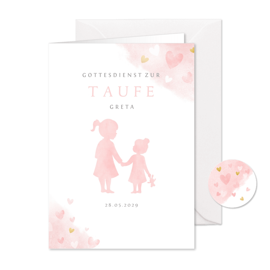 Kirchenheft Taufe rosa Silhouette kleine & große Schwester - Karteneindruck