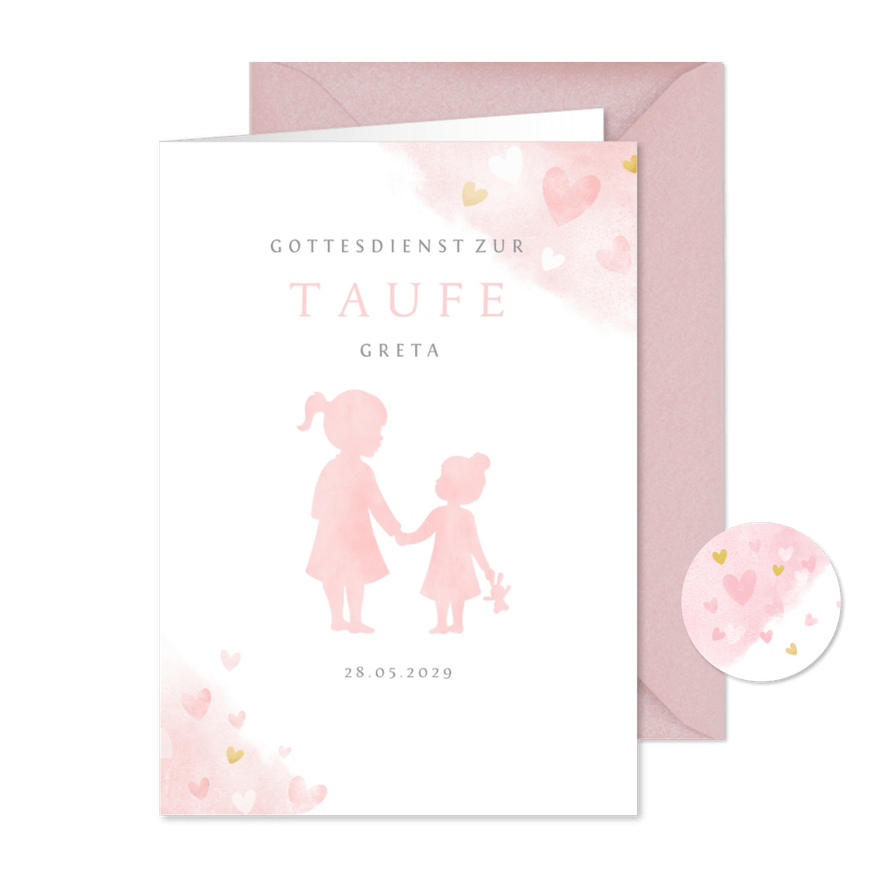 Kirchenheft Taufe rosa Silhouette kleine & große Schwester - Kartenvorschau
