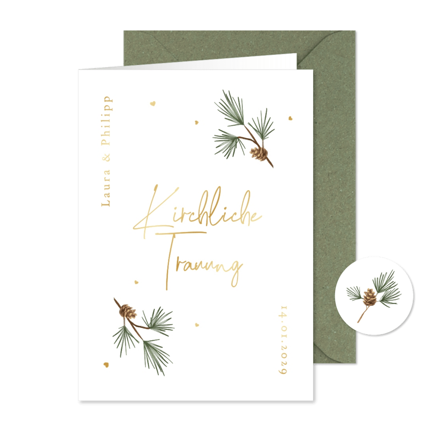 Kirchenheft Winterhochzeit Tannenzweige  - Karteneindruck
