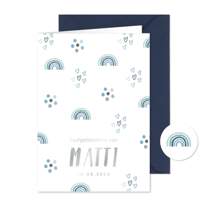 Kirchenheft zur Taufe blauer Regenbogen & Herzchen - Karteneindruck