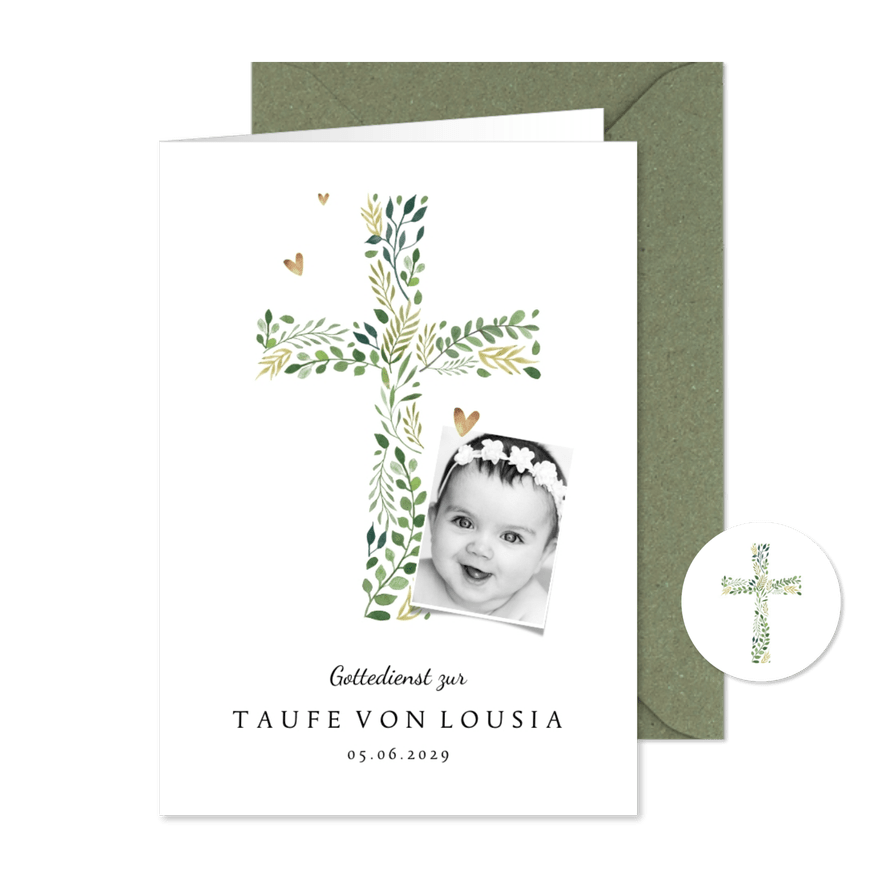 Kirchenheft zur Taufe botanisches Kreuz & Foto - Karteneindruck
