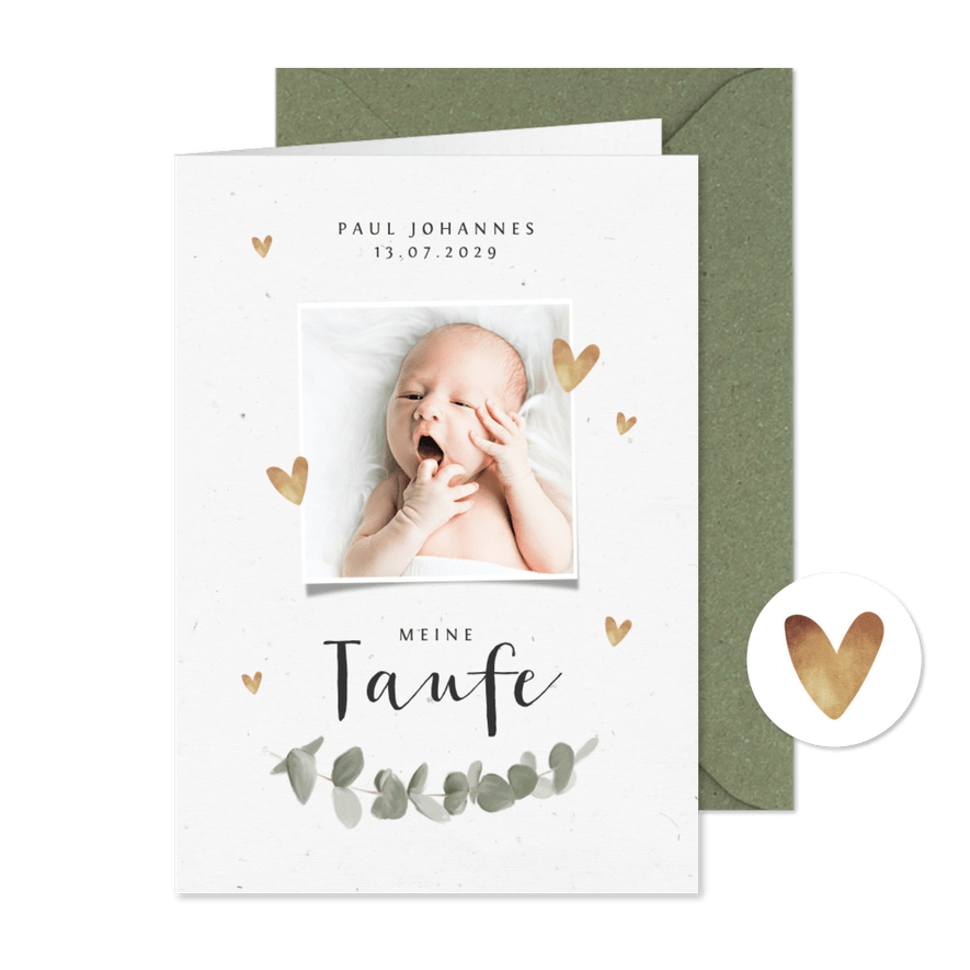 Kirchenheft zur Taufe Eukalyptus, Foto und Herzen - Karteneindruck