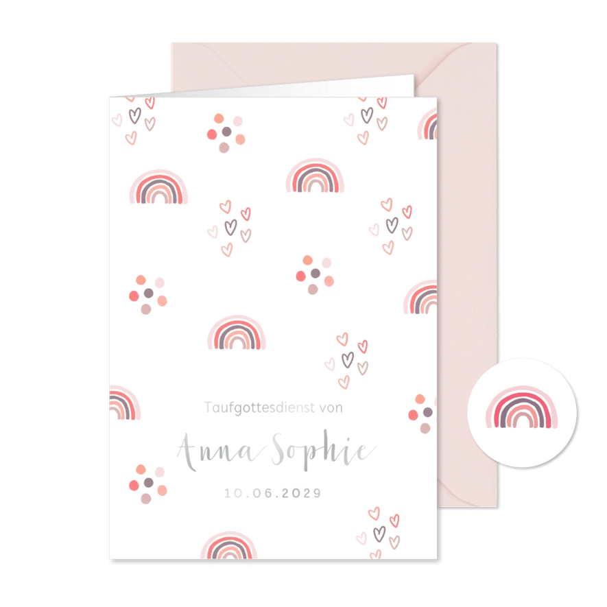 Kirchenheft zur Taufer rosa Regenbogen & Herzchen - Karteneindruck